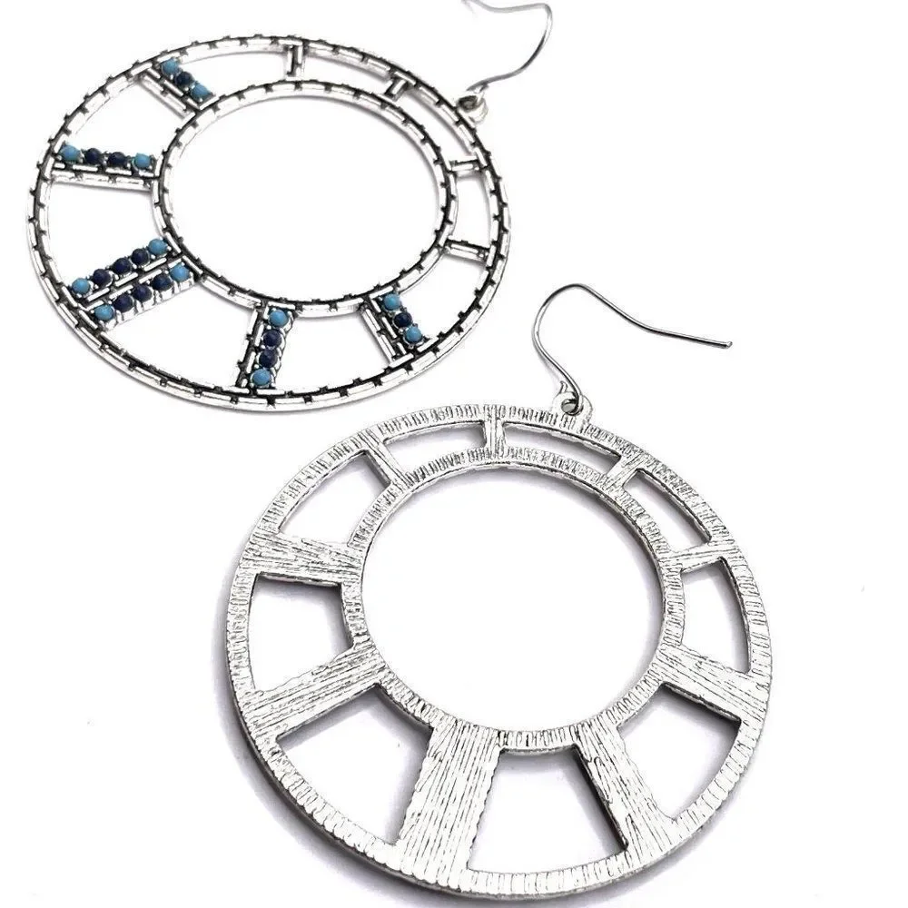 Silver with Navy and Turquoise Oil Drip Boho Open Round Hoop Earrings